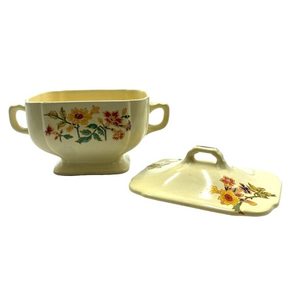 Homer Laughlin1930s Lidded Sugar Bowl Columbine Century Floral Pottery Ceramic W - Picture 5 of 10